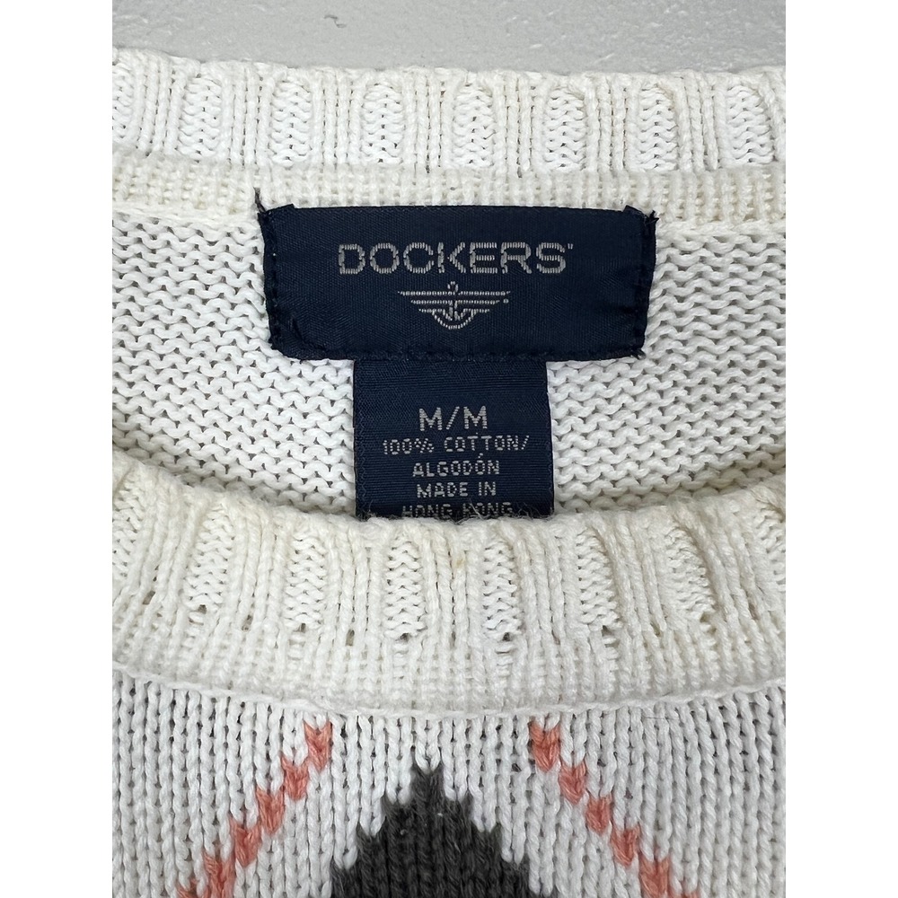 Dockers Mens Argyle Crewneck Sweater Cream White Cotton Knit‎ Medium - Picture 3 of 9